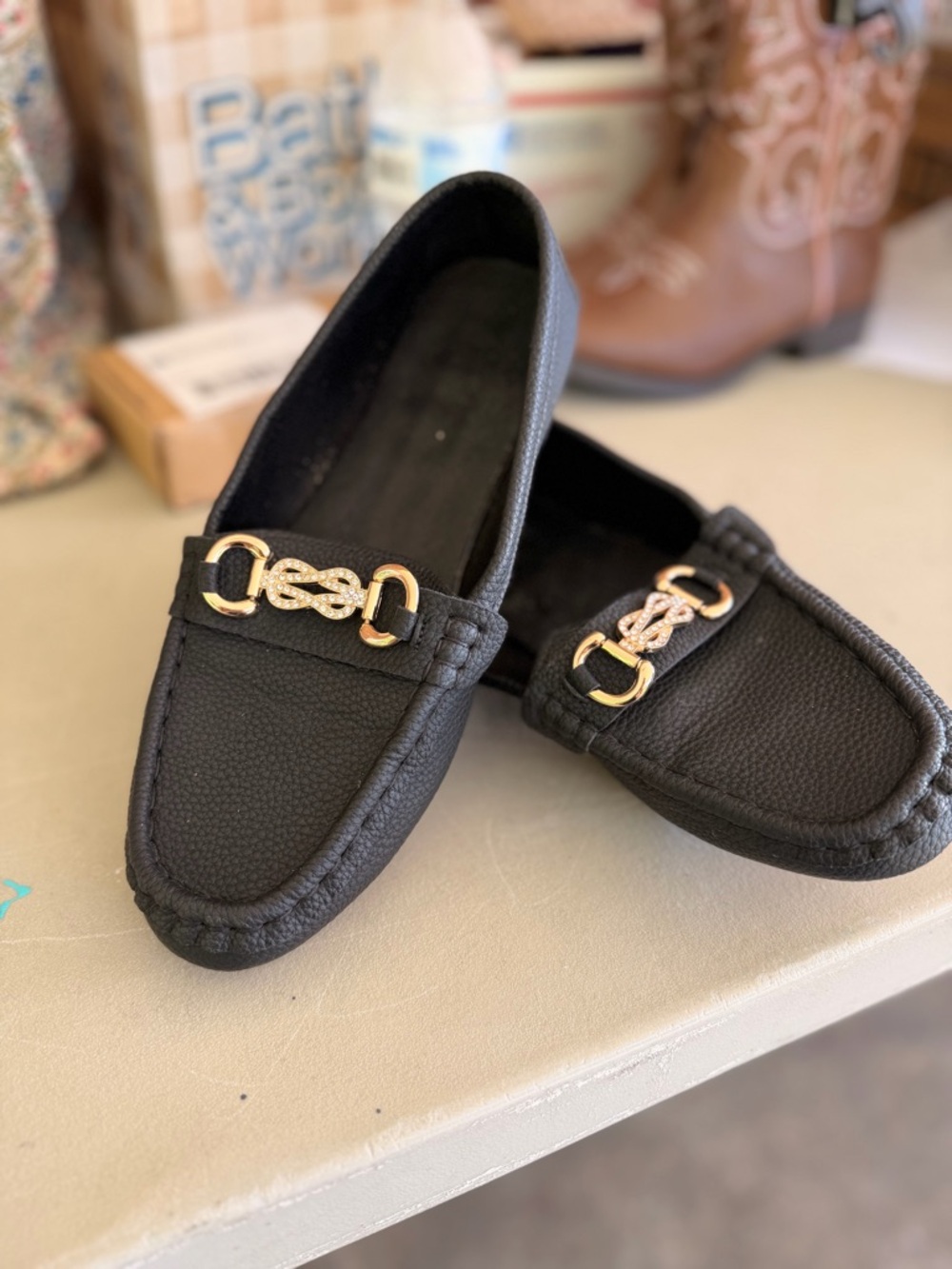 Women's Black Slip-On Loafers with Gold Chain Accent